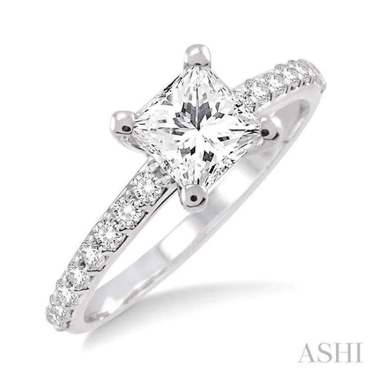 1 Ctw Diamond Engagement Ring with 5/8 Ct Princess Cut Center Stone in 14K White Gold