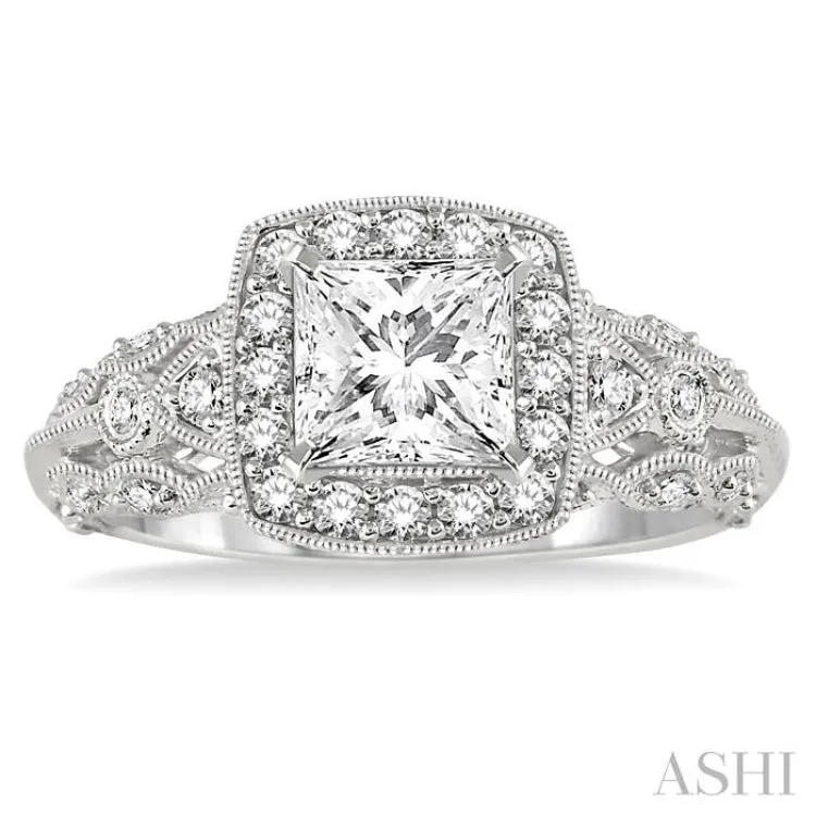 1 Ctw Diamond Engagement Ring with 5/8 Ct Princess Cut Center Stone in 14K White Gold