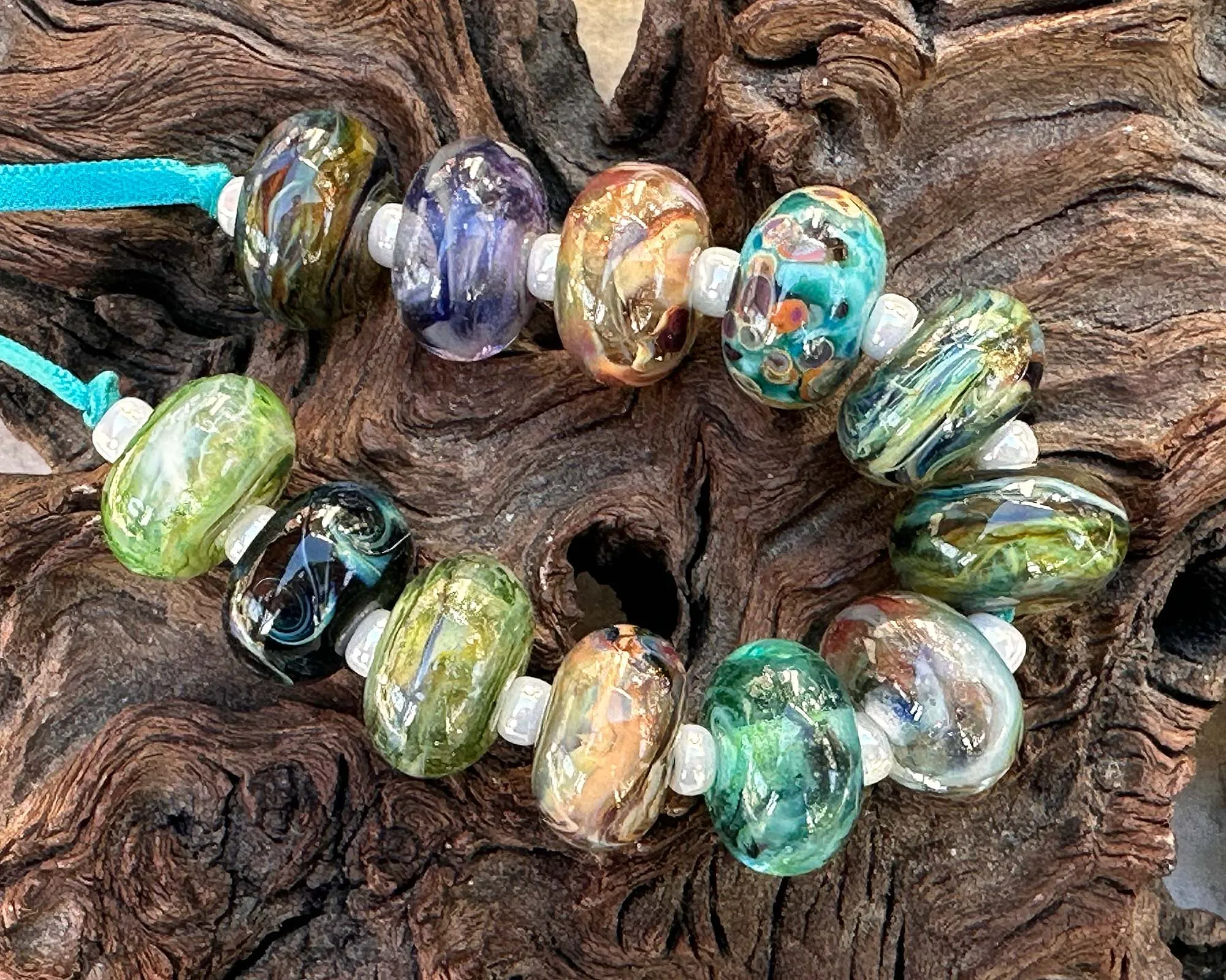 14 Glistening Seaside Swirls Lampwork Beads Set SRA