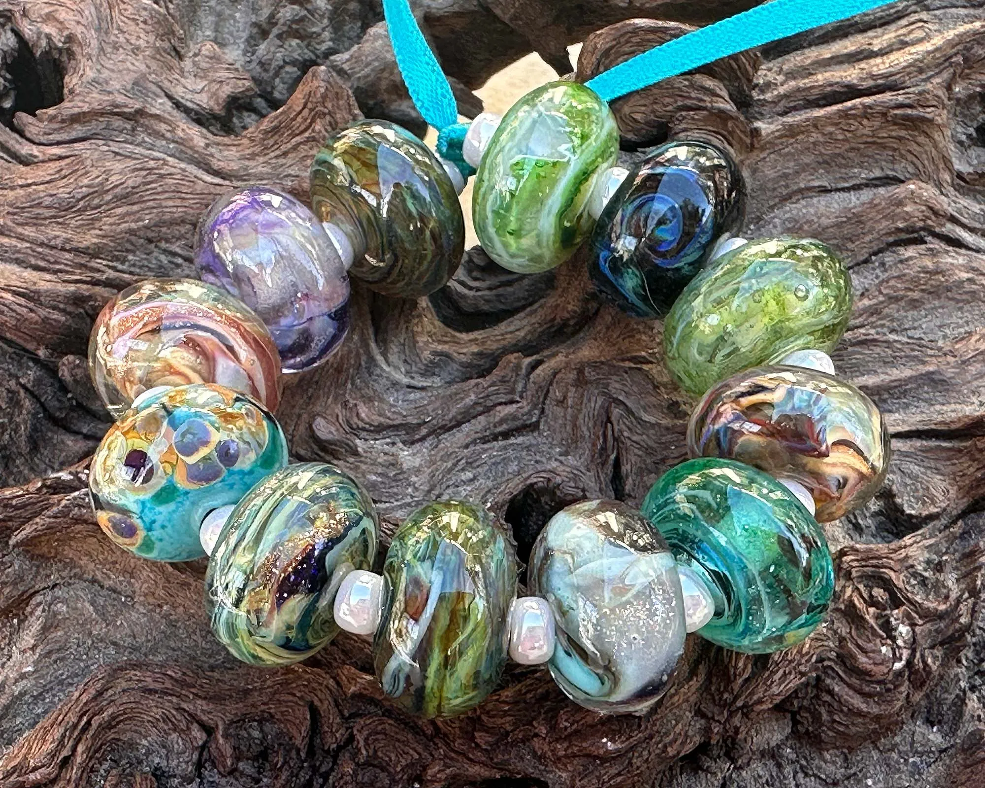 14 Glistening Seaside Swirls Lampwork Beads Set SRA