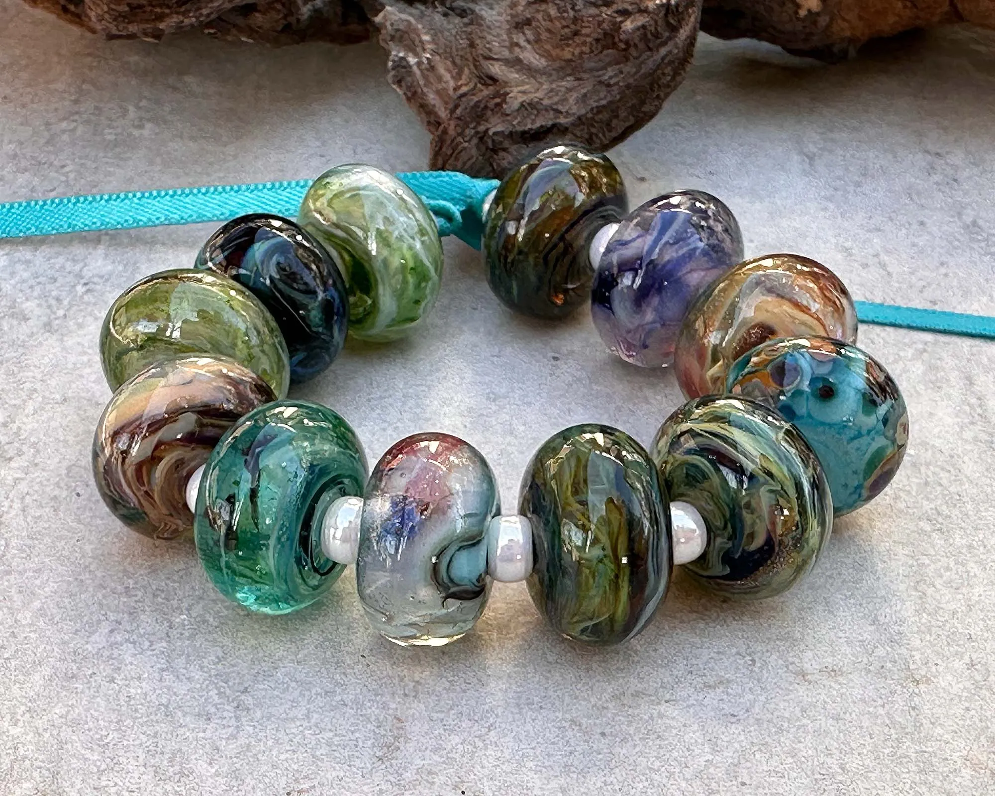 14 Glistening Seaside Swirls Lampwork Beads Set SRA