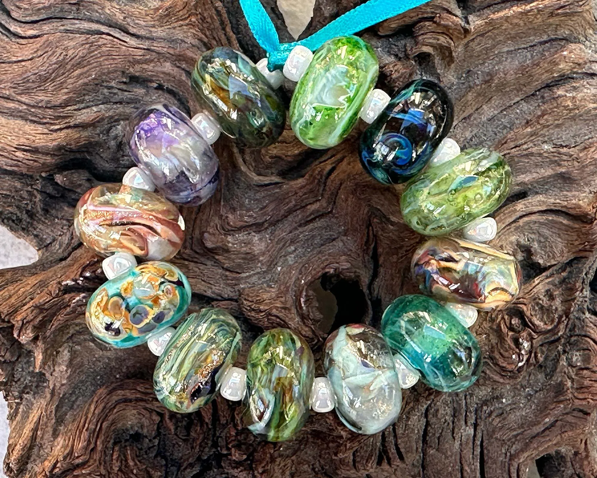 14 Glistening Seaside Swirls Lampwork Beads Set SRA