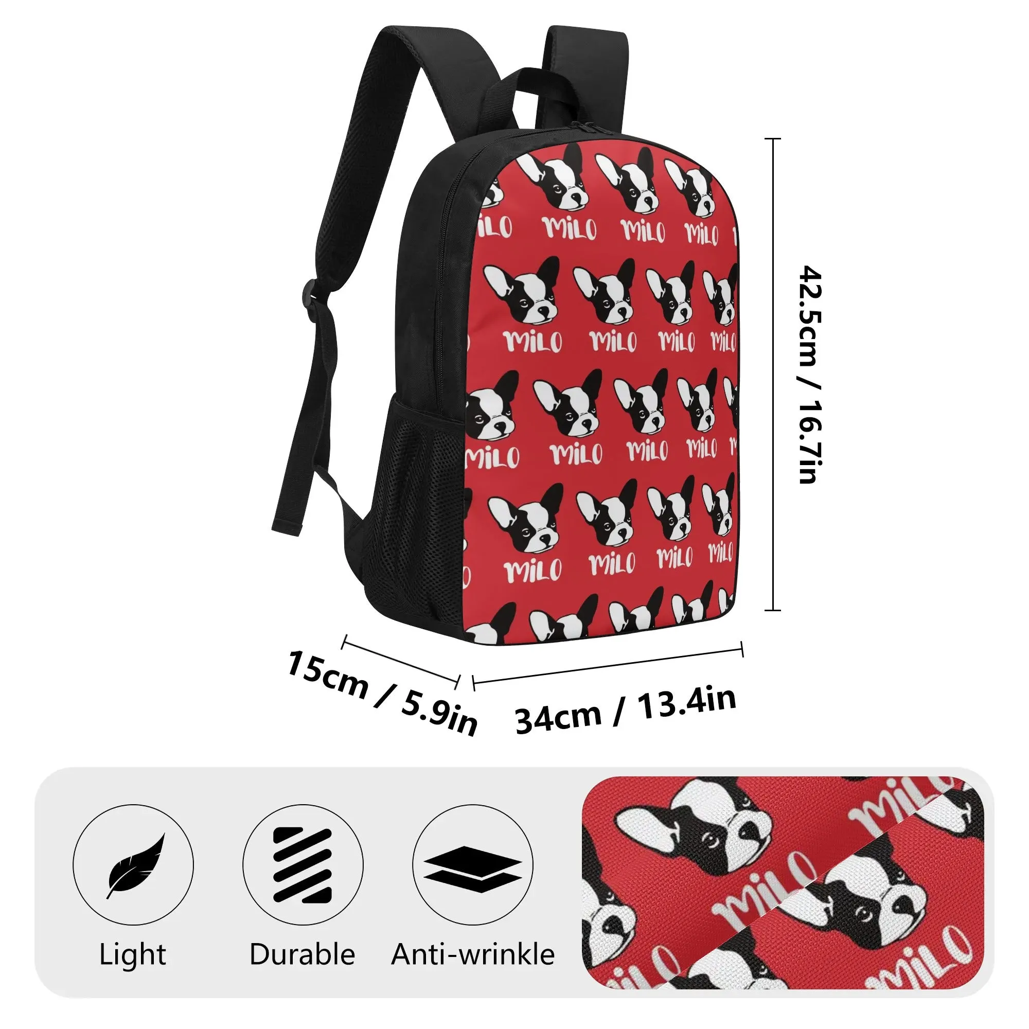 17 Inch School Backpack with Custom French Bulldog Name
