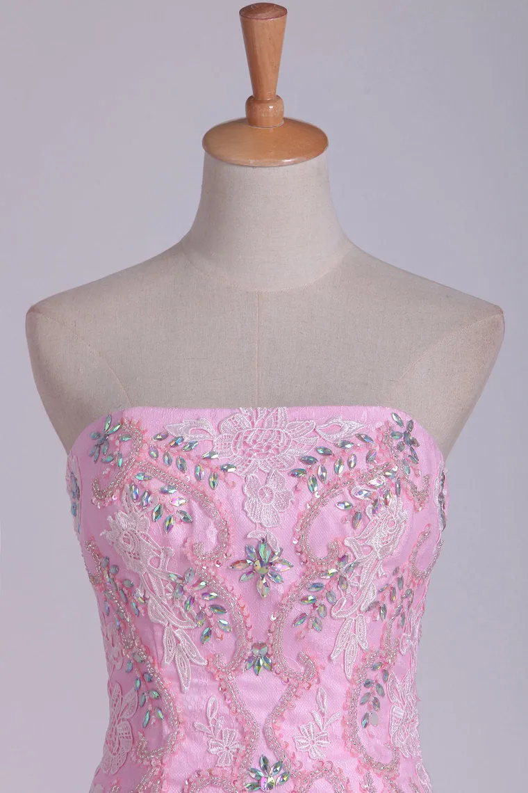 2024 Column Strapless With Beading And Applique Prom Dresses Sweep Train