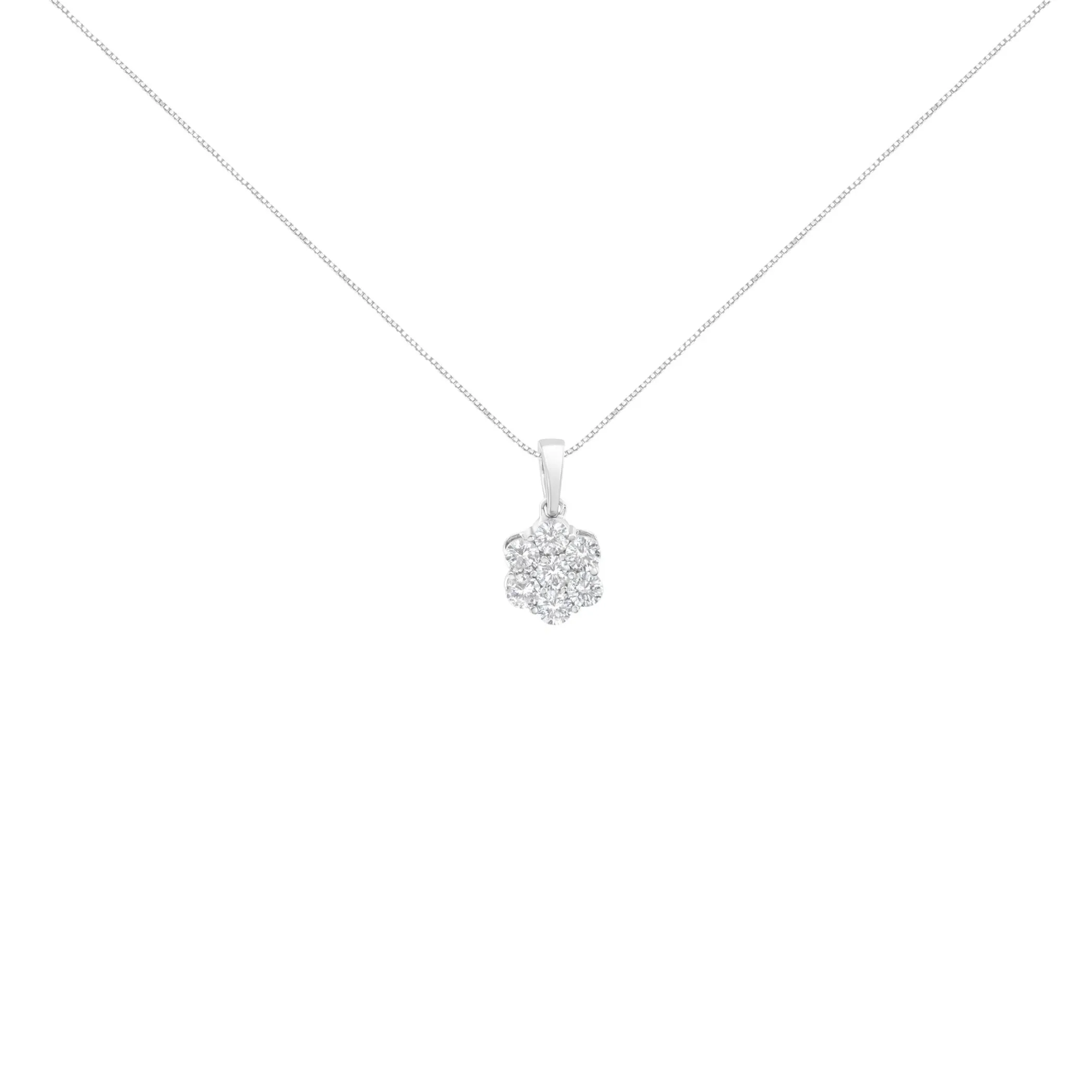 .925 Sterling Silver 1 cttw Diamond 7 Stone Flower Cluster 18" Pendant Necklace (I-J Clarity, I1-I2 Color) - 18"