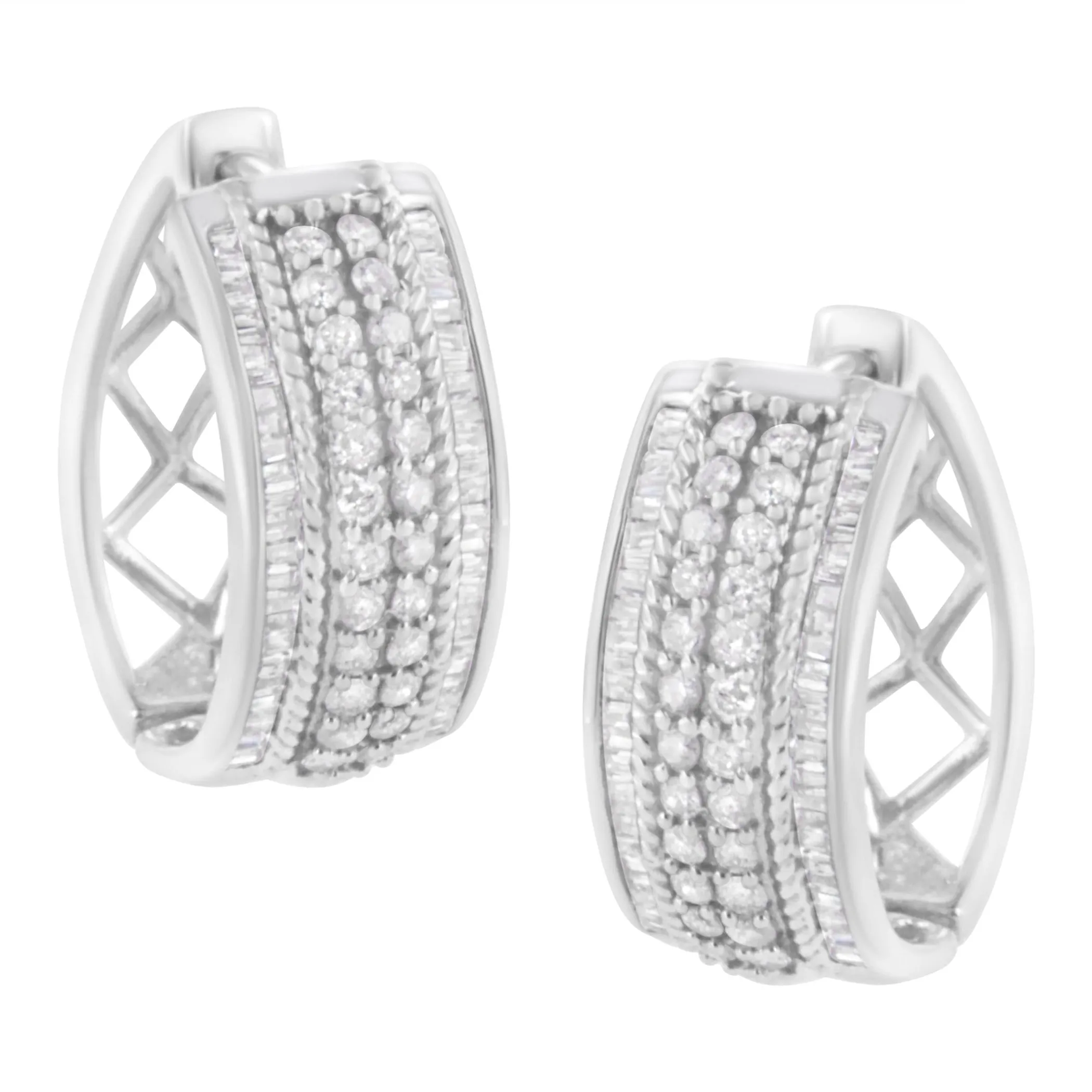 .925 Sterling Silver 1.0 Cttw Round and Baguette-Cut Diamond Hoop Earring (H-I Color, I2-I3 Clarity)