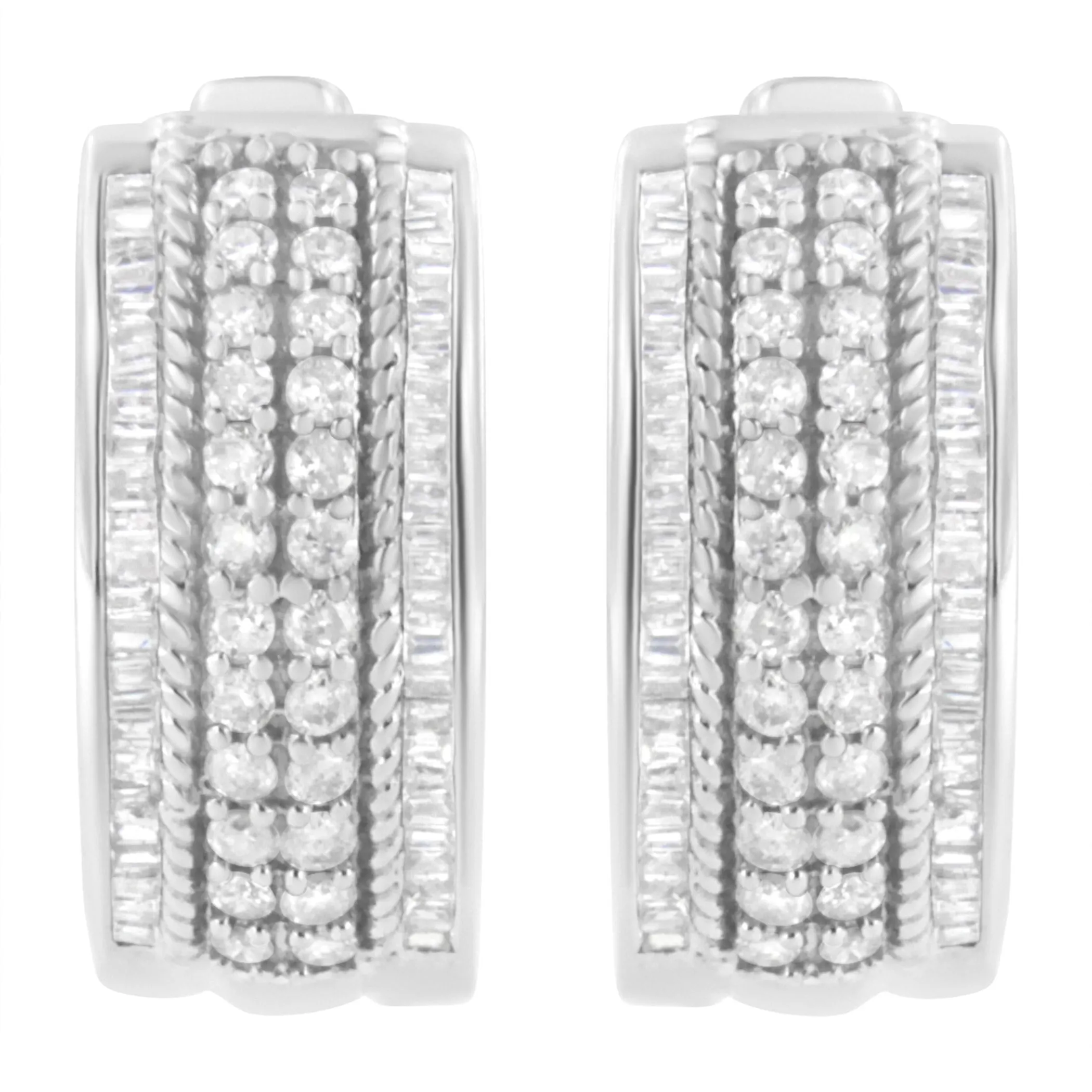 .925 Sterling Silver 1.0 Cttw Round and Baguette-Cut Diamond Hoop Earring (H-I Color, I2-I3 Clarity)