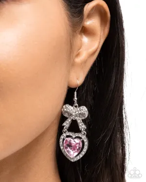 Adorable Allure - Pink - Gem Heart White Rhinestone Bow Paparazzi Fishhook Earrings