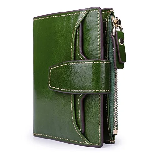 AINIMOER Women's RFID Blocking Leather Small Compact Bi-fold Zipper Pocket Wallet Card Case Purse (Waxed Green)