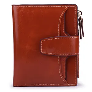 AINIMOER Women's RFID Blocking Leather Small Compact Bi-fold Zipper Pocket Wallet Card Case Purse (Waxed Sorrel)