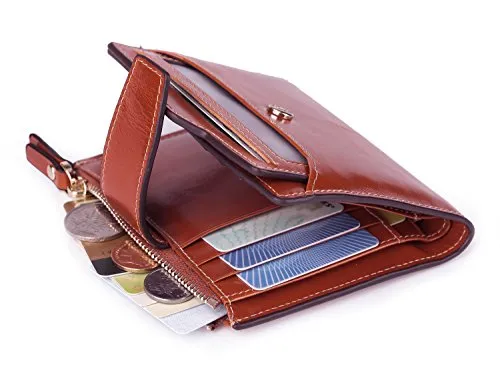 AINIMOER Women's RFID Blocking Leather Small Compact Bi-fold Zipper Pocket Wallet Card Case Purse (Waxed Sorrel)