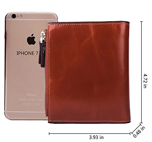 AINIMOER Women's RFID Blocking Leather Small Compact Bi-fold Zipper Pocket Wallet Card Case Purse (Waxed Sorrel)