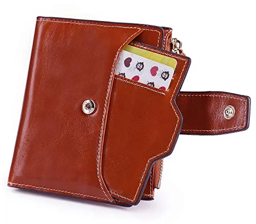 AINIMOER Women's RFID Blocking Leather Small Compact Bi-fold Zipper Pocket Wallet Card Case Purse (Waxed Sorrel)