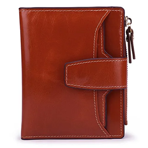 AINIMOER Women's RFID Blocking Leather Small Compact Bi-fold Zipper Pocket Wallet Card Case Purse (Waxed Sorrel)
