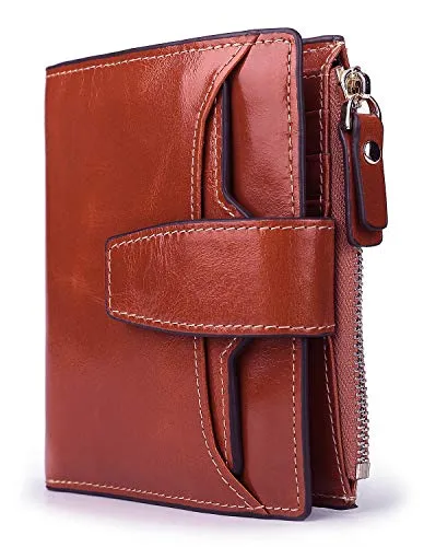 AINIMOER Women's RFID Blocking Leather Small Compact Bi-fold Zipper Pocket Wallet Card Case Purse (Waxed Sorrel)