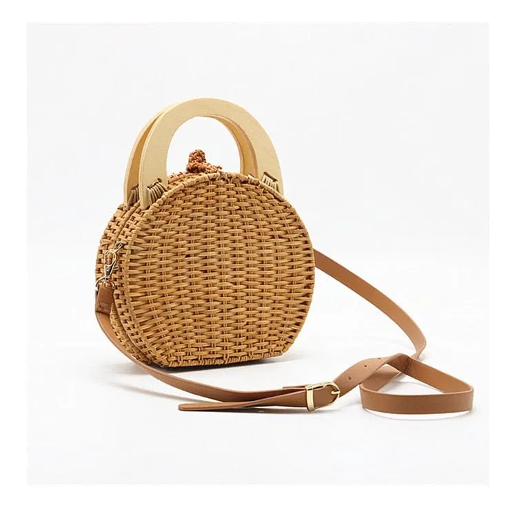 Anita Hand Woven Circular Top-Handle Straw Beach Bag Crossbody