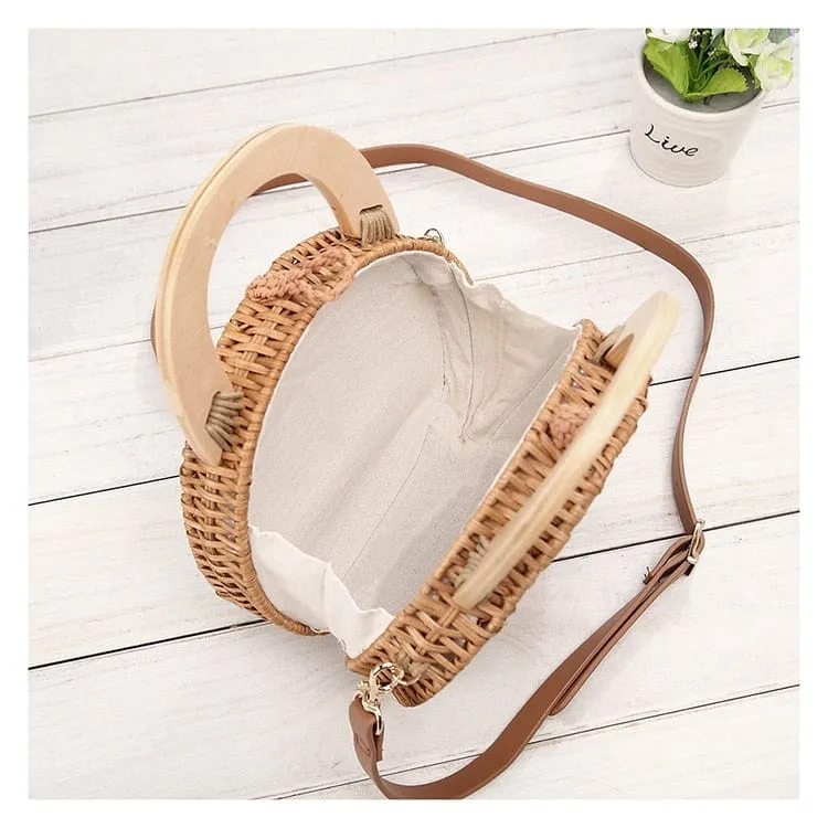 Anita Hand Woven Circular Top-Handle Straw Beach Bag Crossbody
