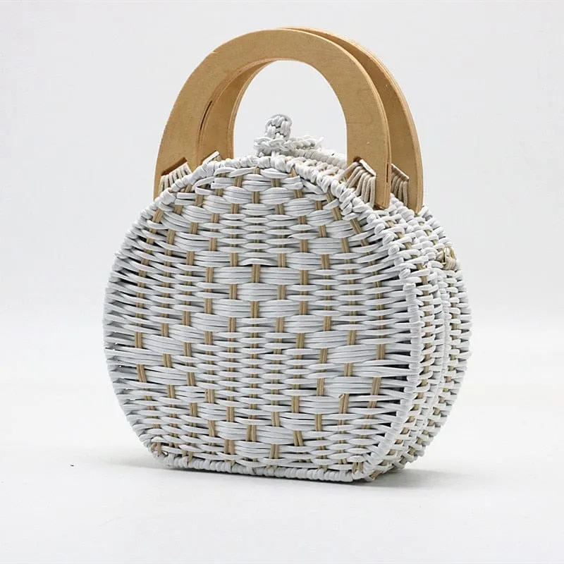 Anita Hand Woven Circular Top-Handle Straw Beach Bag Crossbody