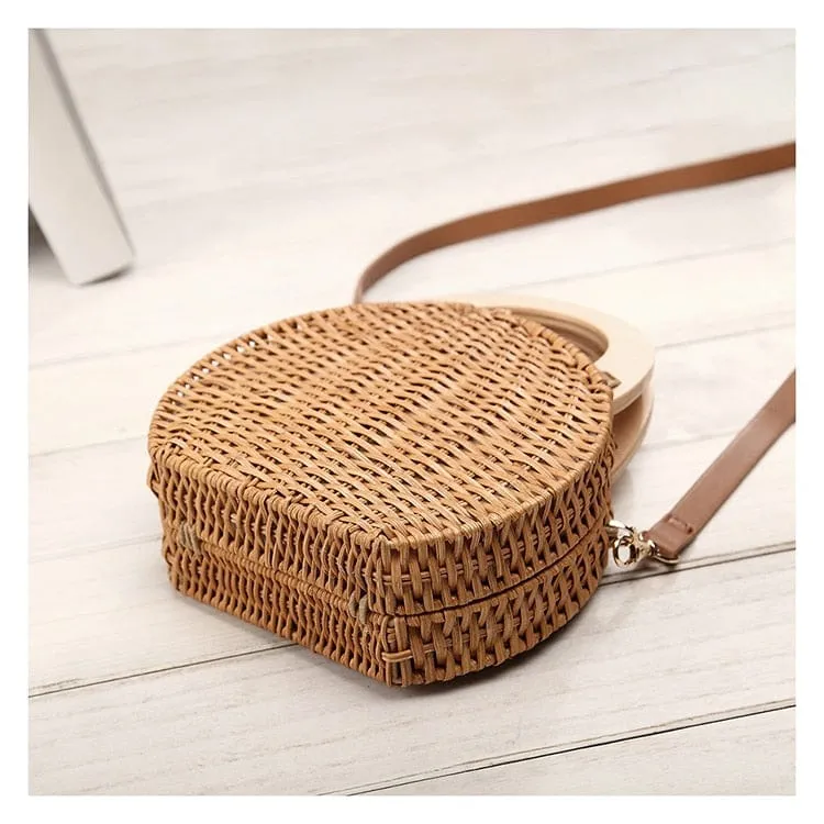 Anita Hand Woven Circular Top-Handle Straw Beach Bag Crossbody