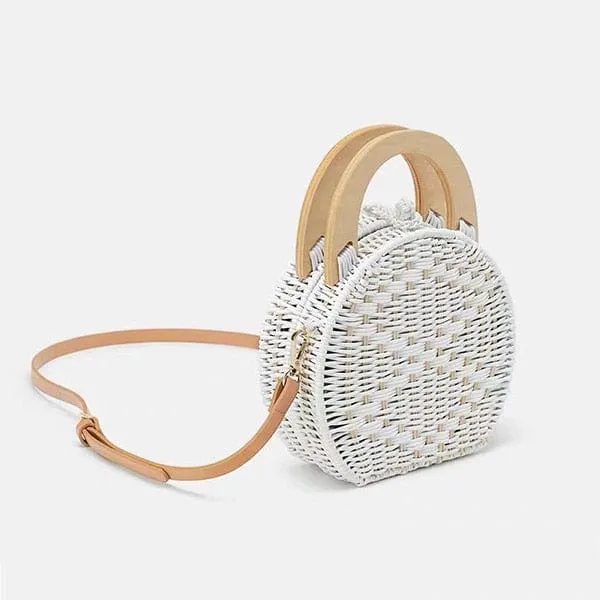 Anita Hand Woven Circular Top-Handle Straw Beach Bag Crossbody