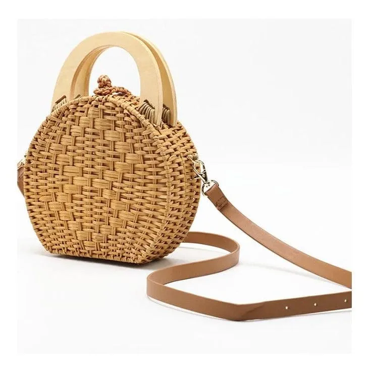 Anita Hand Woven Circular Top-Handle Straw Beach Bag Crossbody
