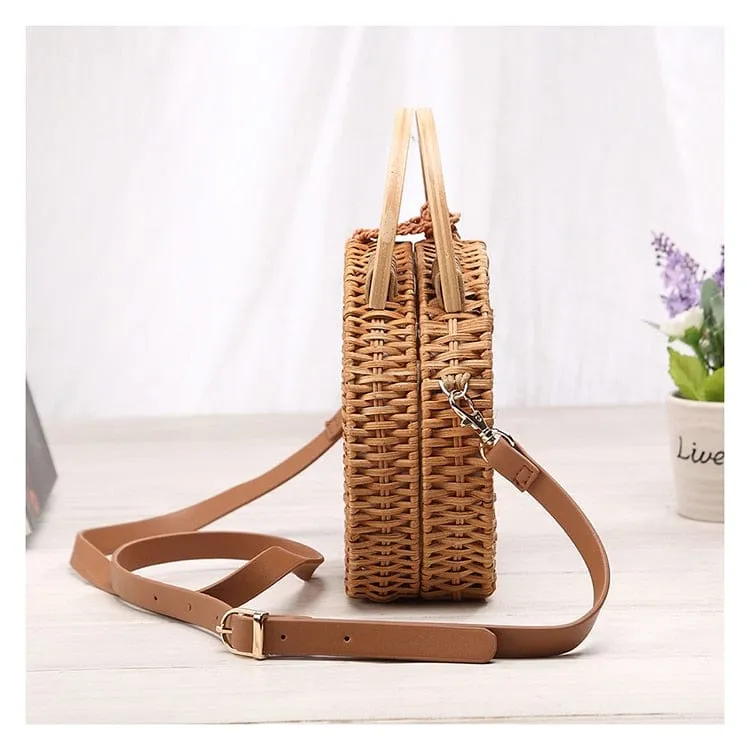 Anita Hand Woven Circular Top-Handle Straw Beach Bag Crossbody