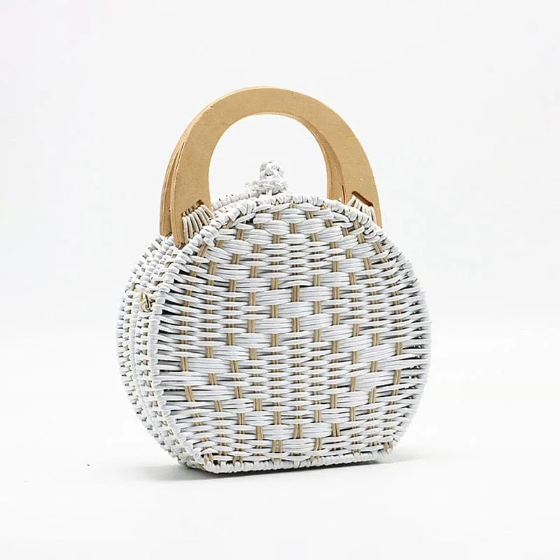 Anita Hand Woven Circular Top-Handle Straw Beach Bag Crossbody