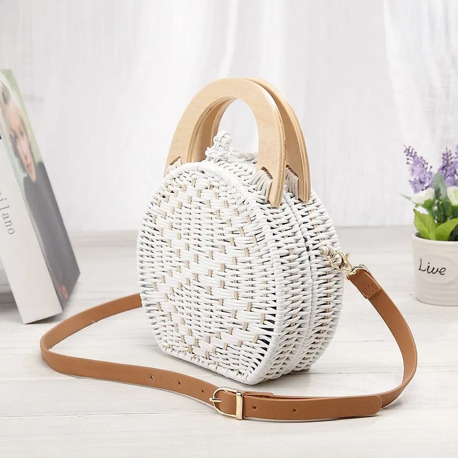Anita Hand Woven Circular Top-Handle Straw Beach Bag Crossbody