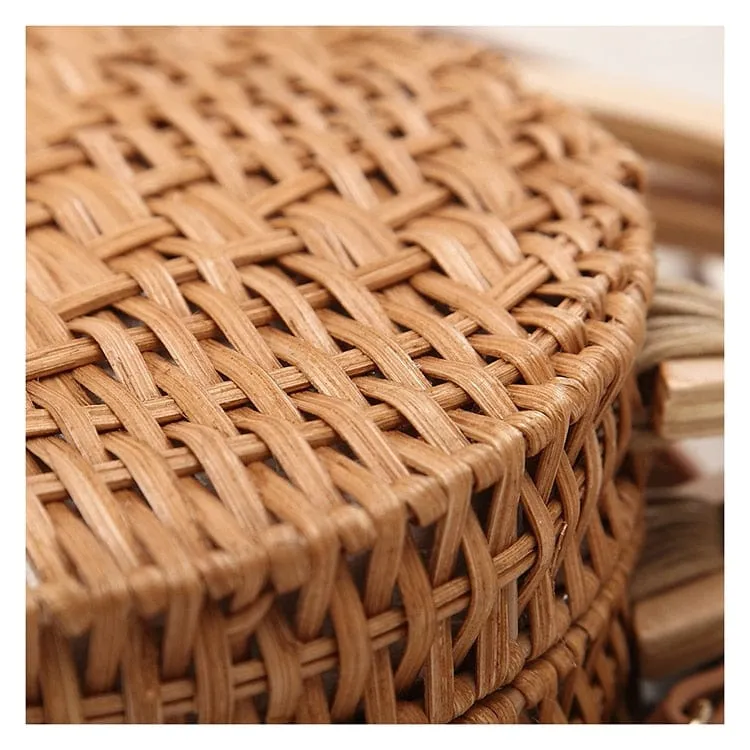 Anita Hand Woven Circular Top-Handle Straw Beach Bag Crossbody