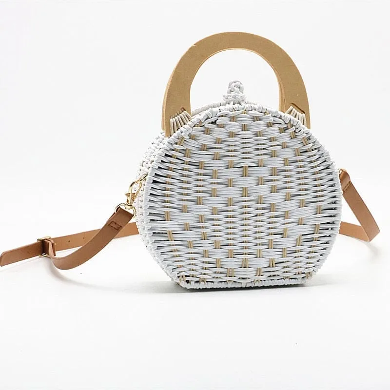 Anita Hand Woven Circular Top-Handle Straw Beach Bag Crossbody