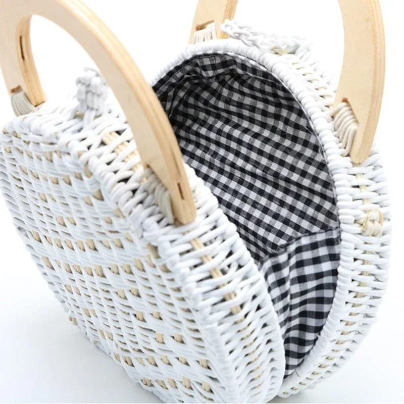 Anita Hand Woven Circular Top-Handle Straw Beach Bag Crossbody