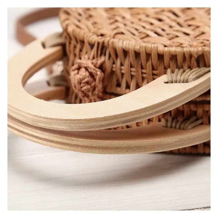 Anita Hand Woven Circular Top-Handle Straw Beach Bag Crossbody