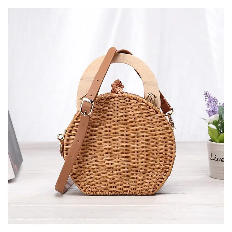 Anita Hand Woven Circular Top-Handle Straw Beach Bag Crossbody