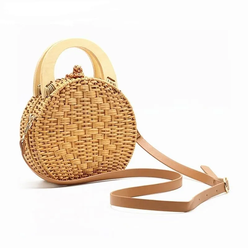 Anita Hand Woven Circular Top-Handle Straw Beach Bag Crossbody