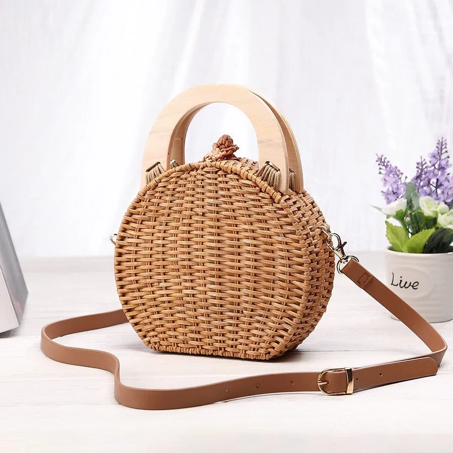 Anita Hand Woven Circular Top-Handle Straw Beach Bag Crossbody