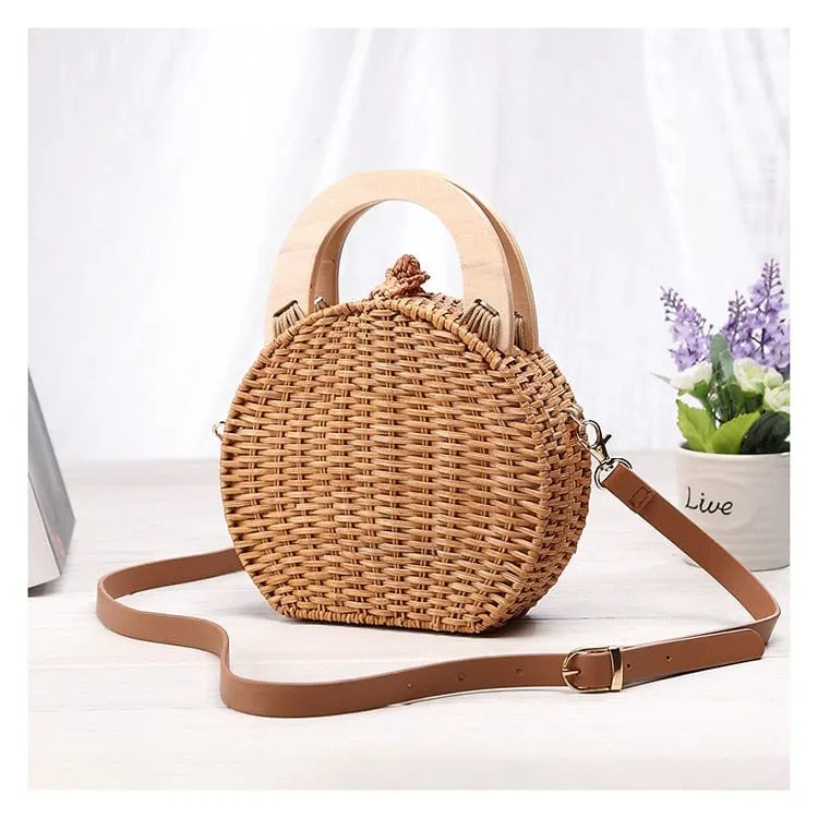 Anita Hand Woven Circular Top-Handle Straw Beach Bag Crossbody