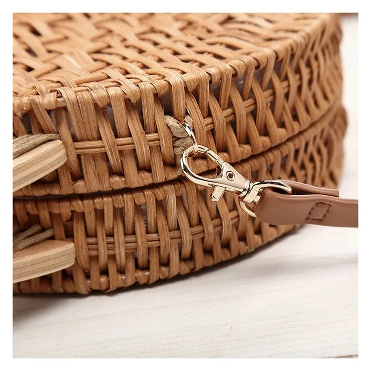 Anita Hand Woven Circular Top-Handle Straw Beach Bag Crossbody