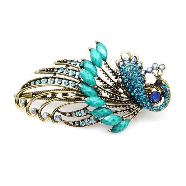 Antique Brass Finish Rhinestone Hinged Claw Hair Clip Stick Peacock
