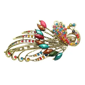 Antique Brass Finish Rhinestone Hinged Claw Hair Clip Stick Peacock
