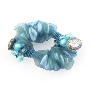 Beaded Ponytail Holder Organza Scrunchy Aqua