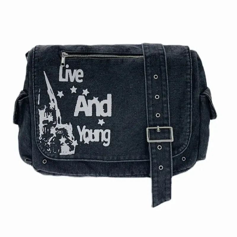 binfenxie  Y2k Vintage Shoulder Bag for Women Denim Letter Print American Retro Street Messenger Bag Washed Large Capacity Handbag Sac