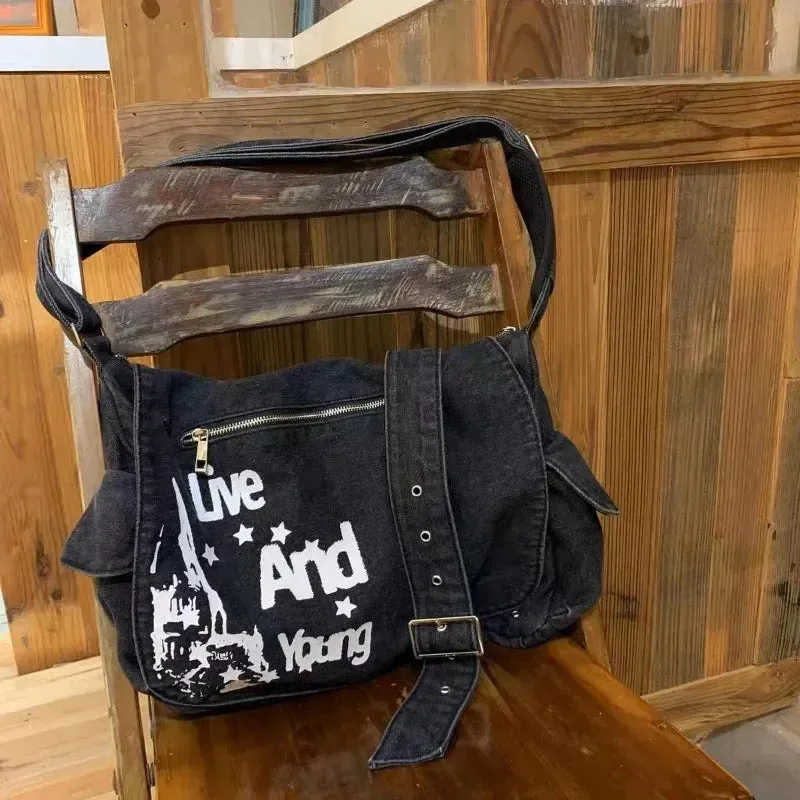 binfenxie  Y2k Vintage Shoulder Bag for Women Denim Letter Print American Retro Street Messenger Bag Washed Large Capacity Handbag Sac