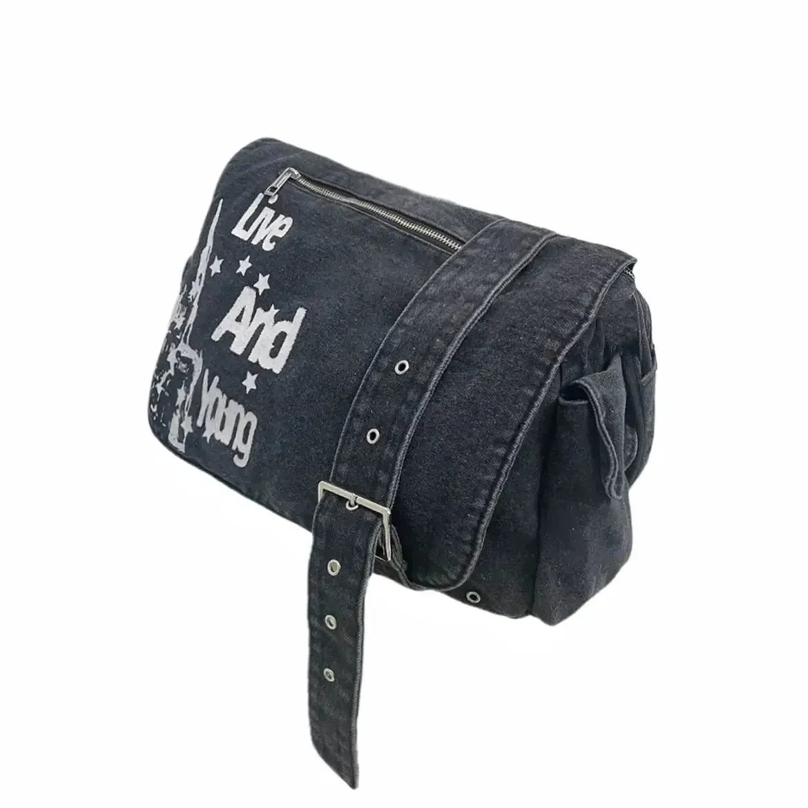 binfenxie  Y2k Vintage Shoulder Bag for Women Denim Letter Print American Retro Street Messenger Bag Washed Large Capacity Handbag Sac