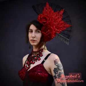 Black Lace Fan Red Rose Headpiece, Gothic Romantic Spanish Flamenco Headdress, Senorita Flower Crown Queen Costume Fascinator, Frida WGT Goth Floral Costume Halloween Gothique Romantique