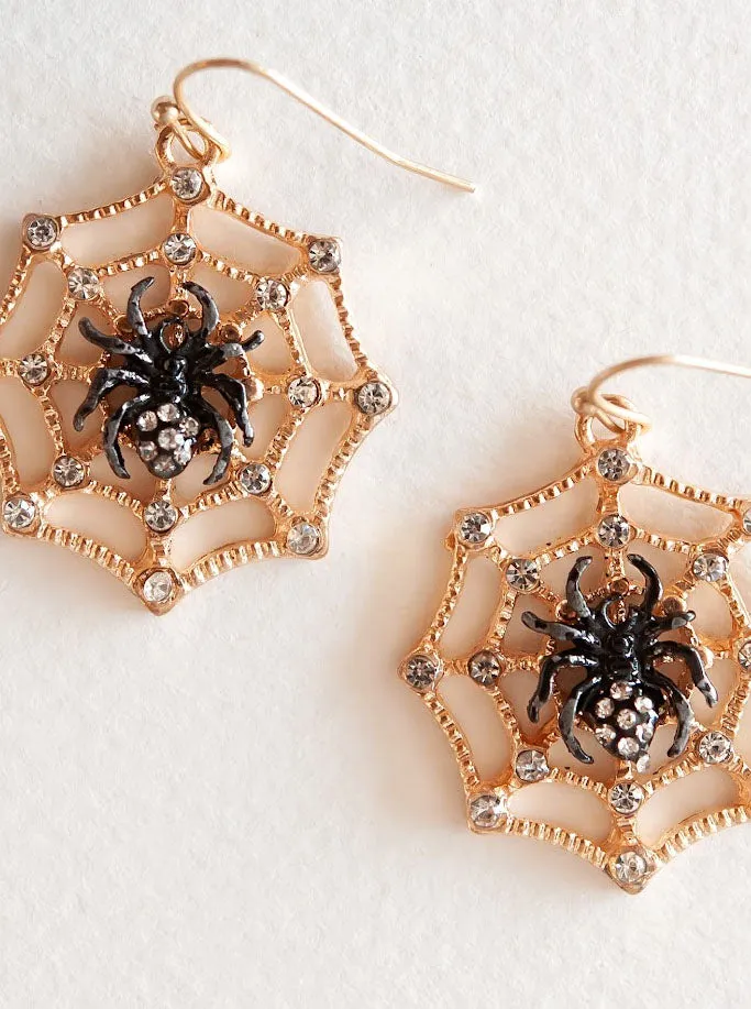 Black Widow Cobweb Earring | Gemmed Spider Halloween Dangle