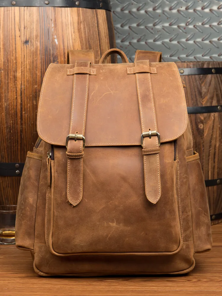 BOOPDO DESIGN MAN TIME OUTDOOR TRAVEL LEATHER BACKPACK IN KHAKI