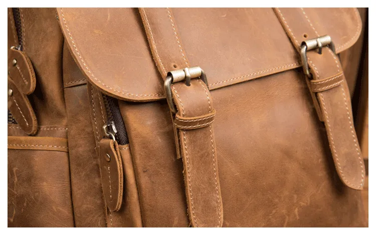 BOOPDO DESIGN MAN TIME OUTDOOR TRAVEL LEATHER BACKPACK IN KHAKI