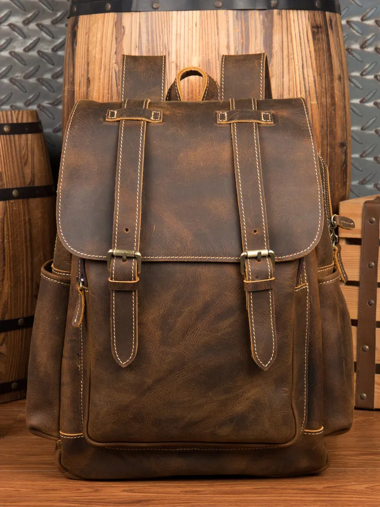BOOPDO DESIGN MAN TIME OUTDOOR TRAVEL LEATHER BACKPACK IN KHAKI