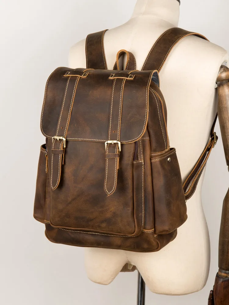 BOOPDO DESIGN MAN TIME OUTDOOR TRAVEL LEATHER BACKPACK IN KHAKI