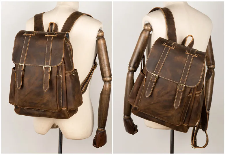 BOOPDO DESIGN MAN TIME OUTDOOR TRAVEL LEATHER BACKPACK IN KHAKI